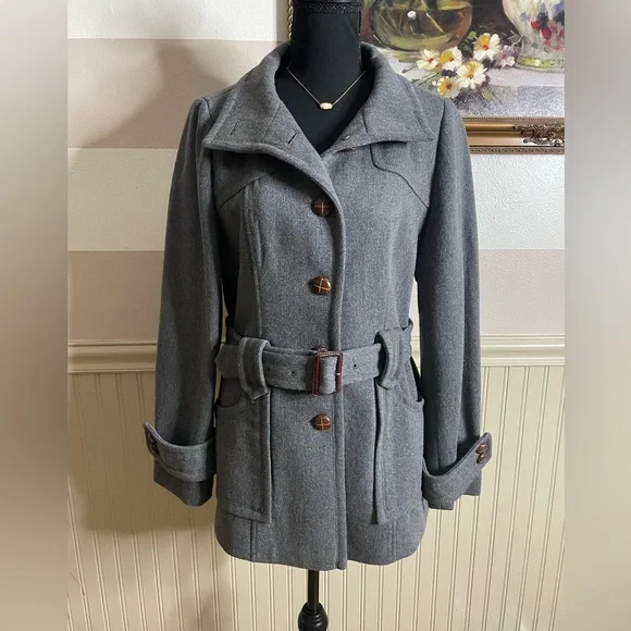 LOFT Charcoal Wool blend Belted Trench Coat size 8 - Picture 2 of 15